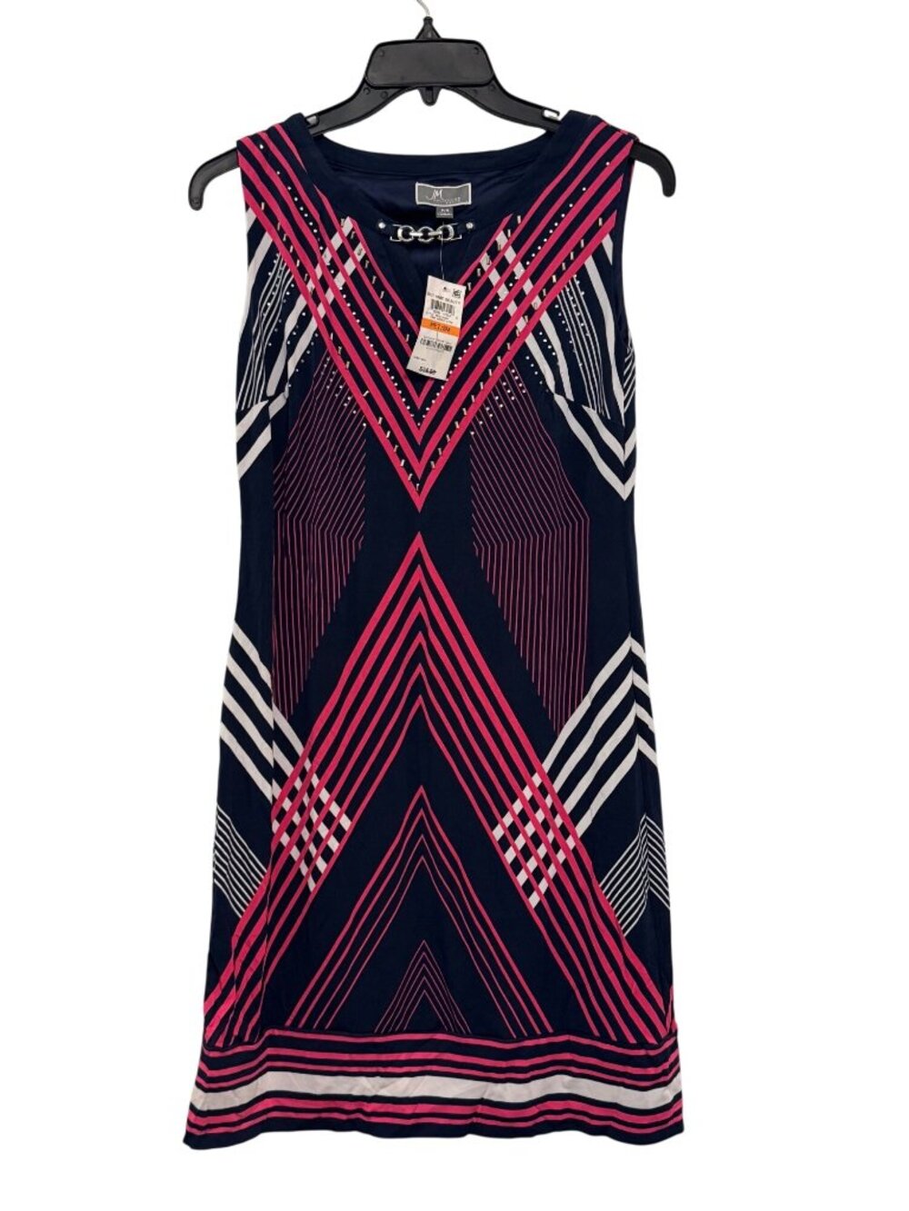 JM Collection Petite Pink & Navy Sleeveless Printed Dress With Chain Accent P/S